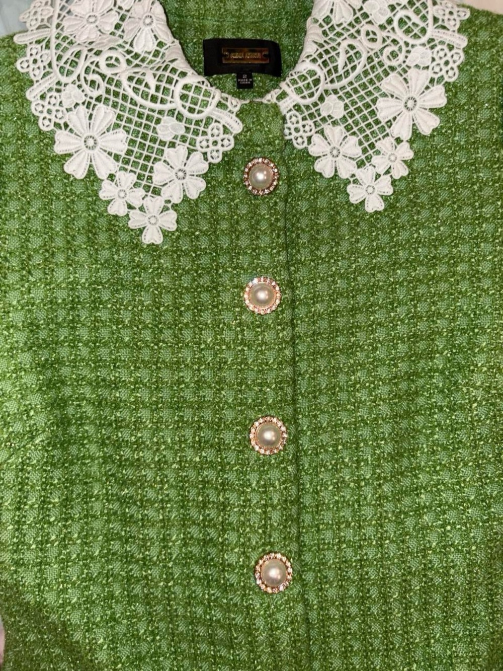 Alexia Admor Green Tweed Dress with White Lace Trim - Picture 2 of 5